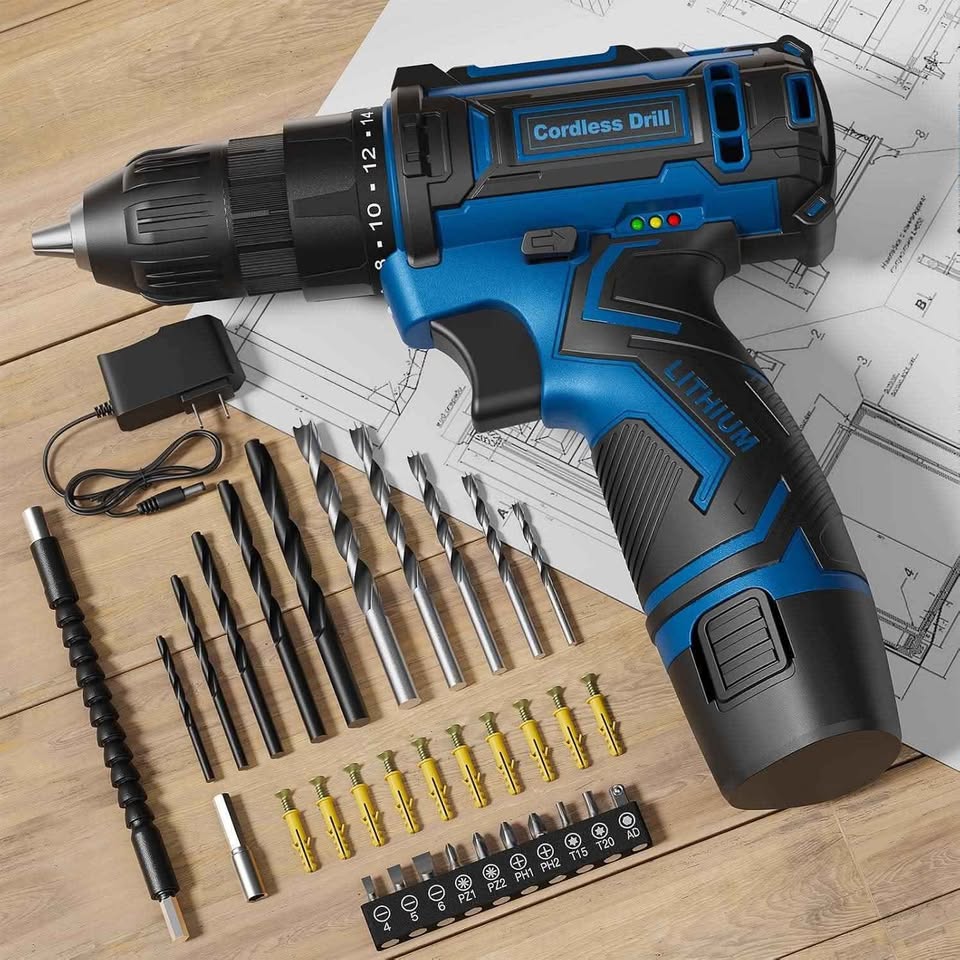 Juego de taladro inalámbrico, taladro eléctrico de 12 V, portabrocas sin llave de 3/8 pulgadas con 4